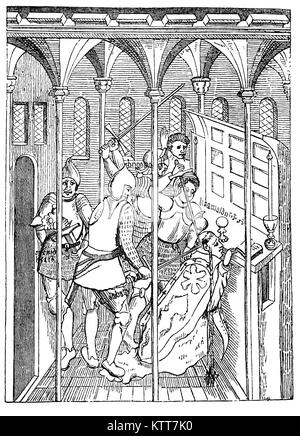 Thomas Becket aka San Tommaso di Canterbury o di Thomas à Becket (1119 - 1170) fu Arcivescovo di Canterbury dal 1162 fino al 1170. Egli ha preso una vista opposti a Enrico II oltre i diritti e i privilegi della chiesa e fu assassinato dai seguaci del re nella Cattedrale di Canterbury a seguito di Henry parole immortali, "non sarà una rid me di questo intrigante sacerdote?" (o turbolento sacerdote). Venerato come santo e martire dalla Chiesa cattolica e la Comunione Anglicana, fu canonizzato da Papa Alessandro III che poco dopo la sua morte. Foto Stock