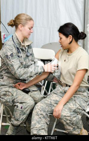 New York Air National Guard Senior Airman Abby del 109° Gruppo Medico, Air National Guard Base, Scotia, N.Y., e Pattersonville, N.Y., nativo, valuta U.S. Esercito nazionale Guard PFC. Nathaly Eumana, un motore di trasporto operatore della 719th Transportation Company, New York, N.Y., durante una visita di routine per il Floyd Bennett Field aid station, New York City il 9 novembre 10, 2012. Nove studenti provenienti da San Paolo a scuola per infermieri, situato nella città del distretto di Queens, ha visitato il servizio medico membri mobilitati a sostegno dell'Uragano Sandy soccorsi. (Foto di Staff Sgt. Osvaldo Equite) Foto Stock