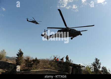 Prugna Island, NY - Pararescue jumper, combattere salvataggio ufficiali e aria membri di equipaggio dalla 106ª Ala di salvataggio condotta casualty il recupero della formazione a prugna isola malattia animale Centro il 13 aprile 2012. (USAF / Senior Airman Christopher S. Muncy / rilasciato) Foto Stock