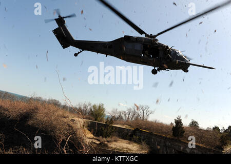 Prugna Island, NY - Pararescue jumper, combattere salvataggio ufficiali e aria membri di equipaggio dalla 106ª Ala di salvataggio condotta casualty il recupero della formazione a prugna isola malattia animale Centro il 13 aprile 2012. (USAF / Senior Airman Christopher S. Muncy / rilasciato) Foto Stock