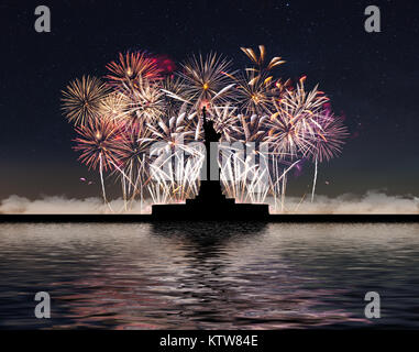 La Statua della Libertà sullo sfondo di fuochi d'artificio e cielo stellato Foto Stock