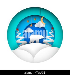Inverno orso - illustrazione della carta. Cloud, luna e stelle, fir, neve. Illustrazione Vettoriale