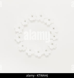 Round Flower frame di primrose Fiori su fondo bianco. Appartamento laico, vista dall'alto. Foto in bianco e nero Foto Stock