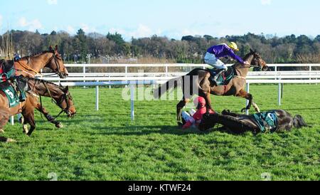 Il whiskey Sour cavalcato da David Mullins va a vincere il Paddy Power futuri campioni novizio ostacolo dopo Sharjah cavalcato da fantino Fintan Burke e acciaio reale cavalcato da Paolo Townend sia caduto all'ultimo durante il giorno due di Leopardstown Festival di Natale a Leopardstown Racecourse. Foto Stock