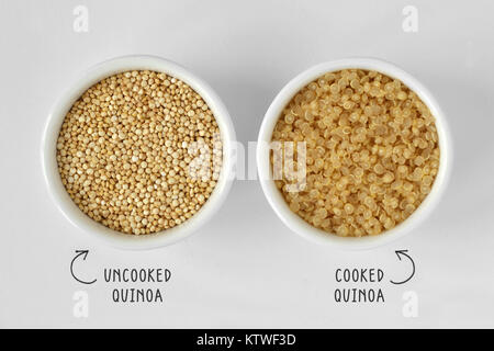 Cotti e crudi di quinoa in ciotola su sfondo bianco Foto Stock