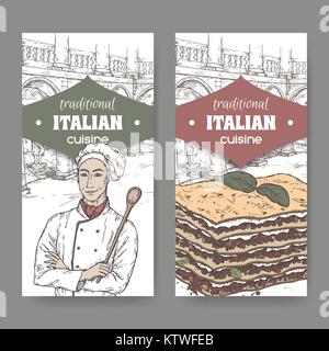 Due etichette con cook, Ilalian patio e lasagne in bianco. Illustrazione Vettoriale