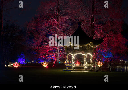 La pagoda di natale e le luci ad albero a RHS Wisley Gardens, Surrey, Inghilterra. Natale Glow Festival 2017 Foto Stock