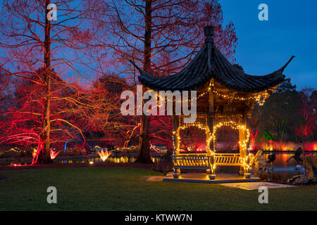 La pagoda di natale e le luci ad albero a RHS Wisley Gardens, Surrey, Inghilterra. Natale Glow Festival 2017 Foto Stock