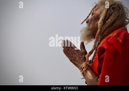 Kumbh Mela 2013 in Allahabad. Vecchio Baba seduti sulle rive del Sangham dando la benedizione e la preghiera Foto Stock