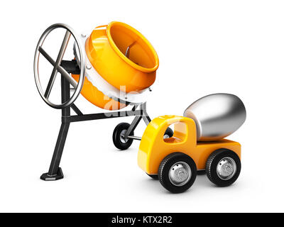 Giallo mescolatore per calcestruzzo e carro miscelatore, Isolato bianco. 3d illustrazione Foto Stock
