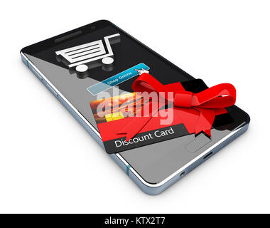 Buono sconto sulla schermata telefono. Il certificato regalo business card, 3d illustrazione Foto Stock