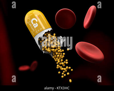 3d illustrazione del minerale di calcio capsula si scioglie nello stomaco Foto Stock
