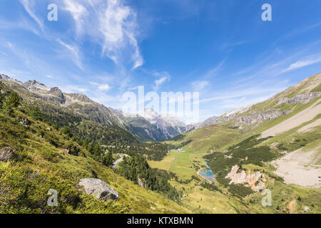 Il verde dei prati che circondano le alte cime delle Alpi svizzere, Valle dell Albula del Cantone dei Grigioni, Svizzera, Europa Foto Stock