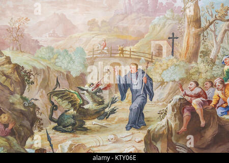 Affresco di San Magnus o Mang, espellendo un drago dal paese di cui aveva bisogno per il monastero di Fussen in Baviera, Germania. Foto Stock