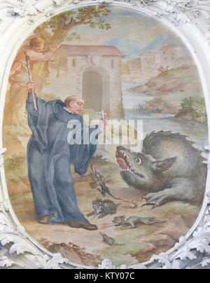 Affresco di San Magnus o Mang, espellendo un drago dal paese di cui aveva bisogno per il monastero di Fussen in Baviera, Germania. Foto Stock