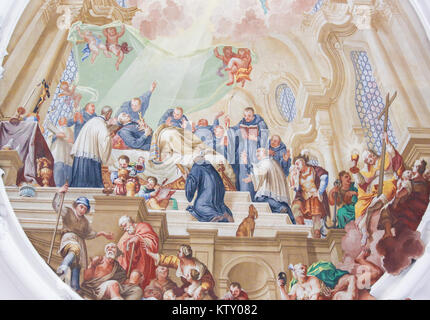 Affresco di San Magno di Fussen, Saint Mang, sul letto di morte, nella Basilica di Fussen, Baviera, Germania. Foto Stock