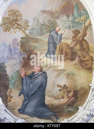 Affresco raffigurante San Magno di Fussen, Saint Mang, la predicazione di porta nella Basilica di Fussen, Baviera, Germania. Foto Stock