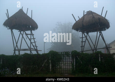 Capanne di cacciatori e custodi nei pressi di una staccionata in legno e bungalows su alte palafitte, crepuscolo e la nebbia. Foto Stock