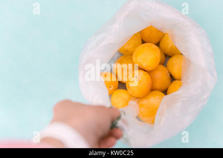 Busta di plastica piena di giallo le prugne dal mercato agricolo Foto Stock