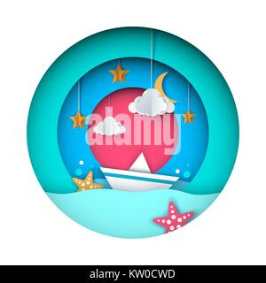 Carta origami illustrazione. Nave, cloud, stelle, luna. Illustrazione Vettoriale