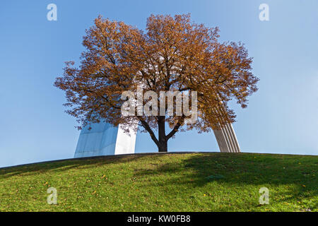 Arco del memoriale di amicizia dei popoli con Autumn Tree a Kiev in Ucraina. Foto Stock