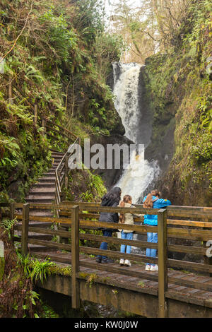 Ess-na-larach cascata in Glenariff Forest Park con una famiglia sta guardando da un ponte di legno Foto Stock
