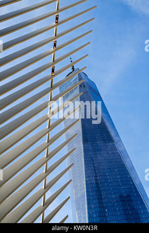 Dettaglio dell'occhio nella parte anteriore di One World Trade Center, Manhattan, New York New York Foto Stock