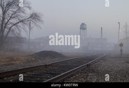 Treno tracce portano a una fabbrica di magazzino e alla torre d'acqua come downtown Port Huron è avvolta in una fitta nebbia. Port Huron, Michigan Foto Stock