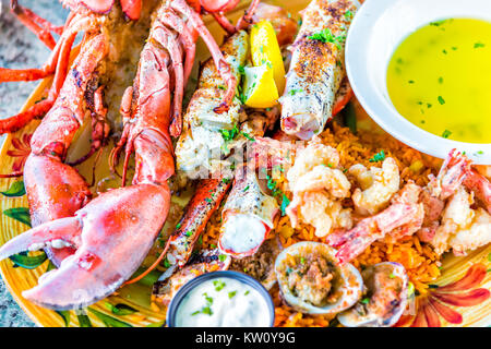 Macro closeup di le aragoste intere con guscio e il piatto di frutti di mare sulla piastra con salsa tartara, burro all'aglio, tempura di gamberetti, carne di granchio, limone, bevande, cibo Foto Stock