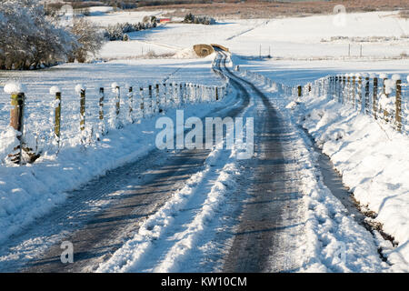 Coperta di neve torna su strada attraverso i terreni agricoli nei pressi di via, Lanarkshire, Scozia Foto Stock