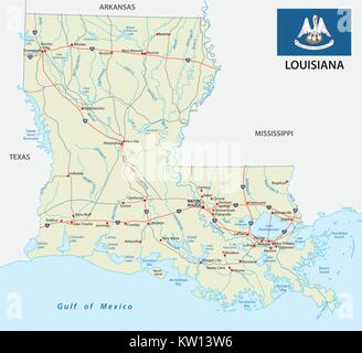 Louisiana road mappa vettoriale con bandiera Illustrazione Vettoriale