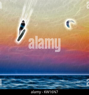 Kitesurfer in mare al tramonto, grande dipinto astratto Foto Stock