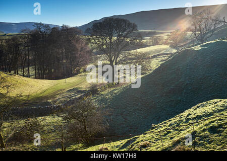 Guardando ad est di Burnsall dal sentiero vicino a Thorpe. Kail Hill, Numberstones fine e aria Scar falesie a destra e Appletreewick pascolo di distanza Foto Stock