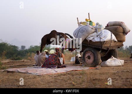 Mattina di scena a Pushkar Camel Fair, uomini in turbante seduto su una coperta di fronte a un cammello con carrello, Pushkar, Ajmer, Rajasthan, India Foto Stock