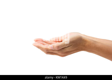 Il gesto a mano aperta come azienda qualcosa su palm isolati su sfondo bianco. Percorso di clipping. Foto Stock