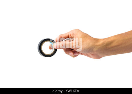 Mano che tiene il nero il nastro in plastica isolato su sfondo bianco con percorso di clipping. Foto Stock