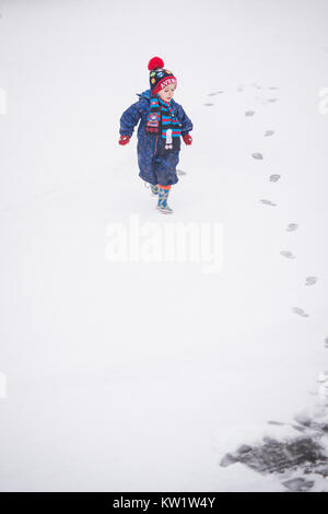 Mossley, UK. 29 Dic, 2017. Tre anni di Luca Wilkinson gioca nella neve in Pennine villaggio di Mossley, Greater Manchester venerdì 29 dicembre 2017. Credito: Matthew Wilkinson/Alamy Live News Foto Stock