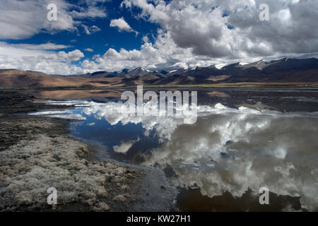 Lago di montagna con una superficie a specchio di acqua in cui il cielo e le montagne sono simmetricamente riflesso, in primo piano la riva, Himalaya. Foto Stock