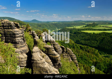 Svizzera sassone, formazioni rocciose in Schrammsteinen circa il Elbtal, Felsformationen in den Schrammsteinen über dem Elbtal Foto Stock