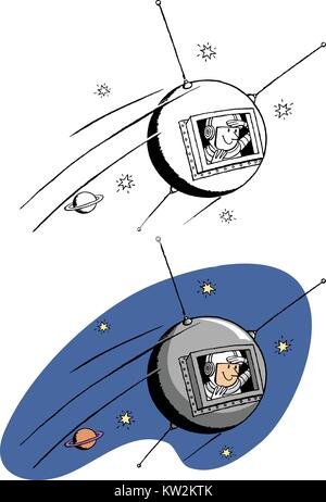 Un astronauta in una navicella spaziale viaggia attraverso le stelle. Illustrazione Vettoriale