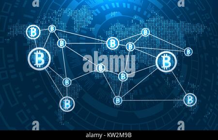 Bitcoins sulla mappa del mondo, BTC, Virtual denaro con Trasferimento di denaro Illustrazione Vettoriale