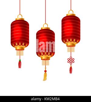 Set di rosso le lanterne cinesi per il Felice Anno Nuovo. Lampade isolati su sfondo bianco Illustrazione Vettoriale