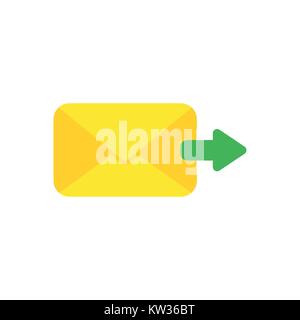 Design piatto illustrazione vettoriale nozione di inviare il messaggio o il messaggio di posta elettronica con busta gialla e freccia verde icona simbolo spostandosi a destra su sfondo bianco. Illustrazione Vettoriale
