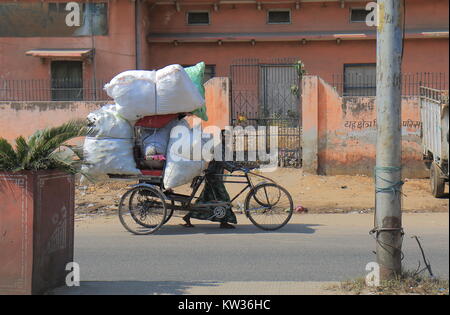 Indian uomo trasporta un carico pesante a Jaipur India. Foto Stock