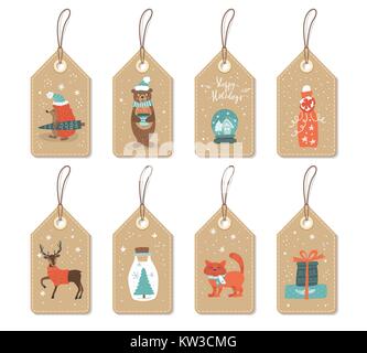 Etichette di carta con simpatici animali di Natale e le cose.Vettore set invernale . Illustrazione Vettoriale