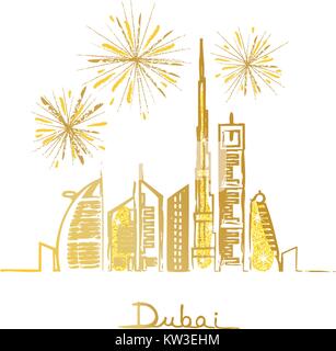 Dubai cityscape con grattacieli e punti di riferimento e fuochi d'artificio nel cielo illustrazione vettoriale. Golden glitter. Illustrazione Vettoriale