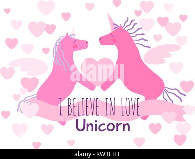 Due coppie eterosessuali rosa unicorno alato di cavalli con violetta manes code e tenere il cuore. Credo nell'amore bigliettino. Illustrazione Vettoriale