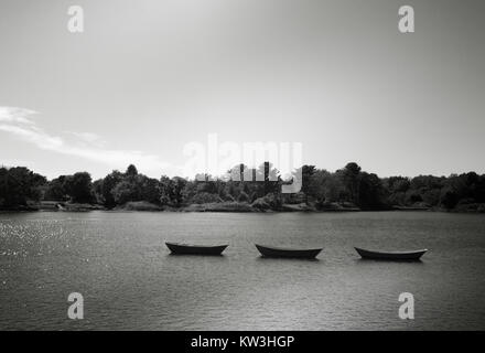 Questa fotografia in bianco e nero cattura tre barche su un lago tranquillo, mostrando la quiete della natura. L'immagine si concentra sulla semplicità e la bellezza delle barche e sul loro riflesso nell'acqua. Foto Stock