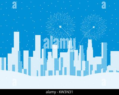 Inverno cityscape, urbano per la città con grattacieli. La caduta di neve. Fuochi d'artificio di festa per il nuovo anno. Illustrazione Vettoriale Illustrazione Vettoriale