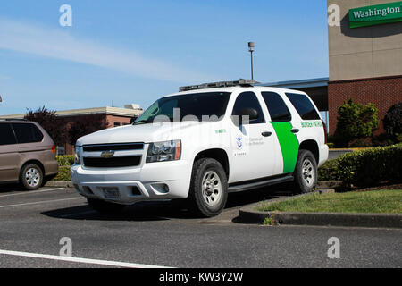 Una Chevrolet Tahoe, utilizzata da un supervisore della pattuglia di frontiera, è vista in un tipico ambiente di pattuglia. Il veicolo, equipaggiato per le forze dell'ordine, rappresenta il ruolo di sicurezza e sorveglianza delle frontiere negli Stati Uniti. Foto Stock